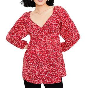 LOFT Top Size 14 Red Heart Print Sweetheart Neck Long Sleeve Smocked Valentine's